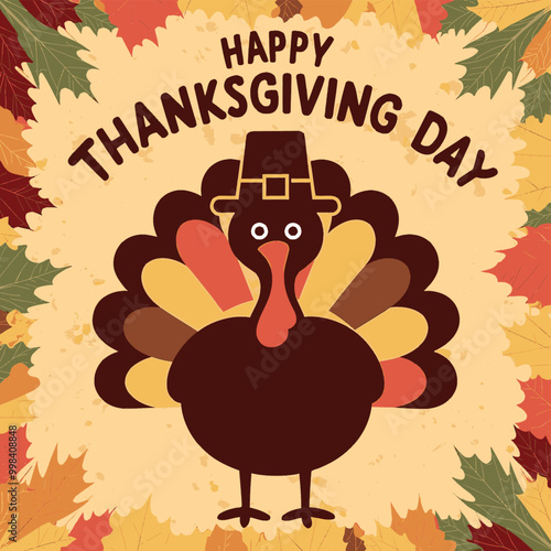 Happy Thanksgiving Day Festive Turkey and Autumn Leaves Illustration