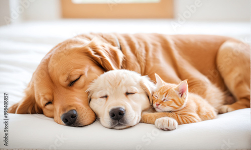 A heartwarming scene of a golden retriever puppy and a small orange tabby kitten cuddled up together, peacefully sleeping on a soft, white, fluffy surface. 