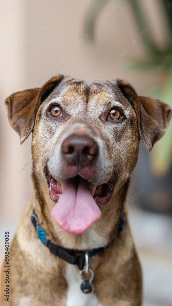 Happy Brown Dog with Tongue Out Wearing Collar in Soft Background Happy Brown Dog with Tongue Out Wearing Collar in Soft Background