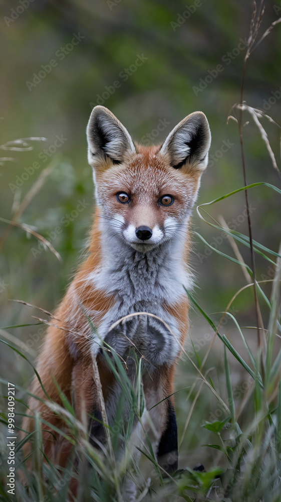 Fototapeta premium Alert Red Fox Gazing Through Tall Grass in Natural Green Wilderness Setting