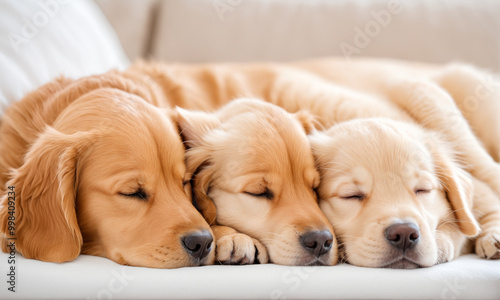 A heartwarming scene of a golden retriever puppy and a small orange tabby kitten cuddled up together, peacefully sleeping on a soft, white, fluffy surface. 