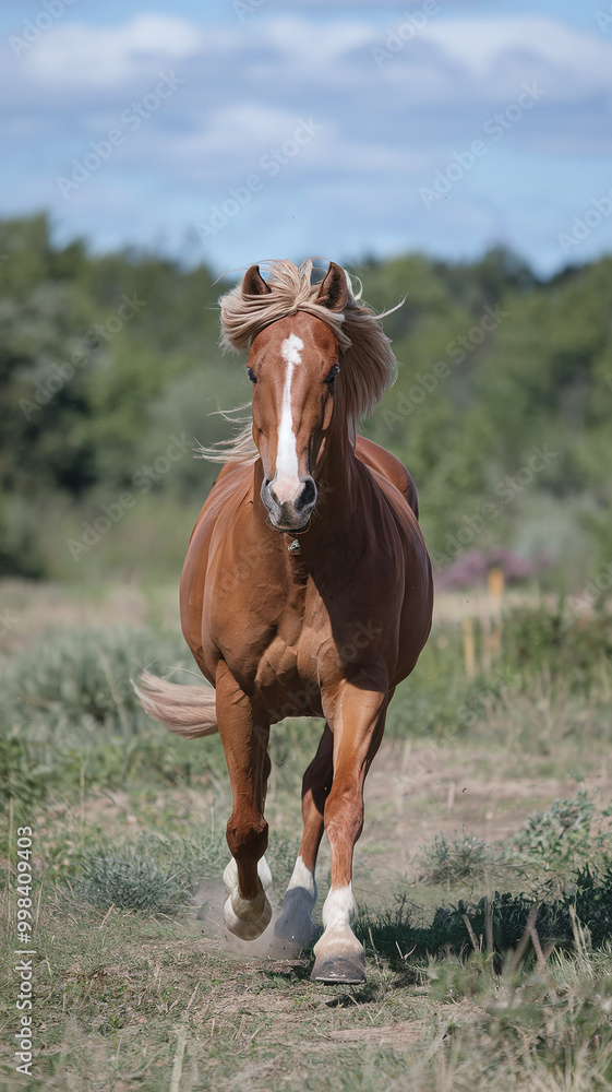 Fototapeta premium Majestic Chestnut Horse Running Freely in Lush Green Field on a Sunny Day