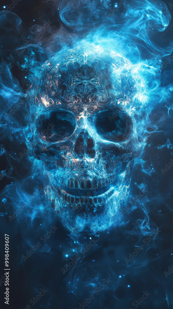 glowing neon skull with intricate patterns emerges from swirling blue smoke, creating captivating and mystical atmosphere. vibrant colors and detailed design evoke sense of wonder and intrigue glowing neon skull with intricate patterns emerges from swirling blue smoke, creating captivating and mystical atmosphere. vibrant colors and detailed design evoke sense of wonder and intrigue