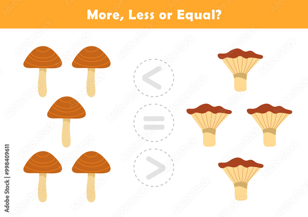Comparison Worksheet with Cute Mushroom Illustration for Kids. Counting Games for Preschoolers. More or Less Worksheet for Kindergarten. Comparison Worksheet with Cute Mushroom Illustration for Kids. Counting Games for Preschoolers. More or Less Worksheet for Kindergarten.