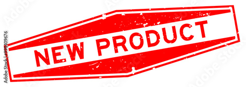 Grunge red new product word hexagon rubber seal stamp on white background