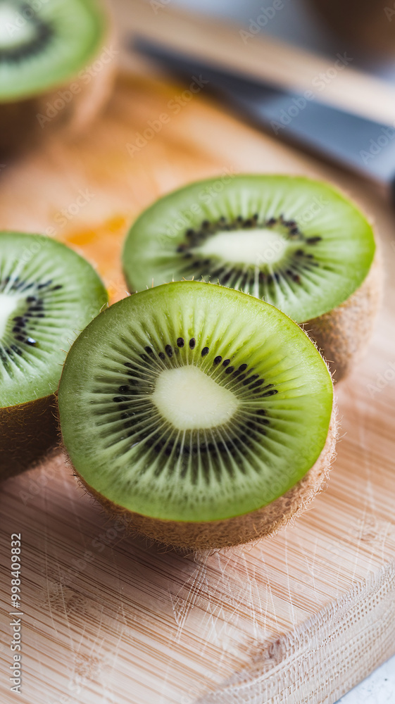 Fresh Green Kiwi Fruit Slices on Wooden Cutting Board with Knife in Kitchen Scene Fresh Green Kiwi Fruit Slices on Wooden Cutting Board with Knife in Kitchen Scene