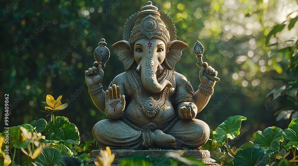 A stone statue of Ganesha in a flower garden. Photorealistic composition for sliders and banners with empty space for text A stone statue of Ganesha in a flower garden. Photorealistic composition for sliders and banners with empty space for text