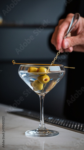  Elegant Martini Preparation with Green Olives in Classic Cocktail Glass Setting