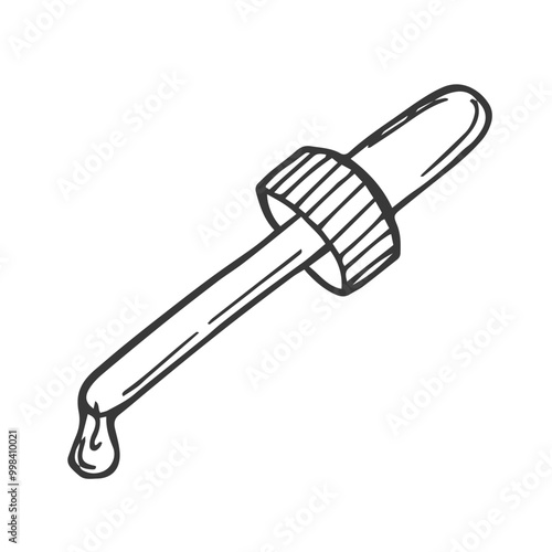 Pipette with drop liquid sketch. Cosmetic medical object. Hand drawn line art illustration. Vector dropper sketch