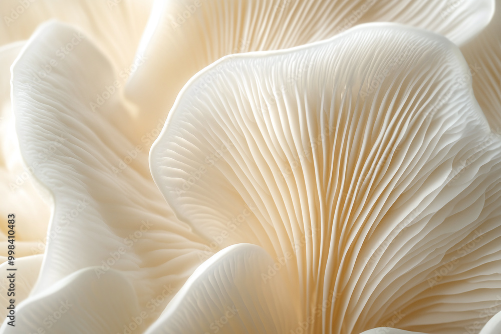 Macro Close-up of Creamy White Mushroom Gills and Folds, Oyster Mushroom, Soft Flowing Texture Elegant Nature Background, Minimalistic Light Backdrop Macro Close-up of Creamy White Mushroom Gills and Folds, Oyster Mushroom, Soft Flowing Texture Elegant Nature Background, Minimalistic Light Backdrop
