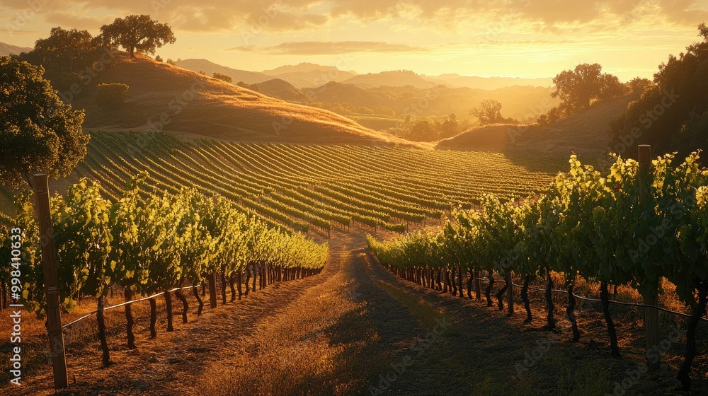 Naklejka premium A peaceful vineyard at sunrise with rows of grapevines and golden light shining through the hills.