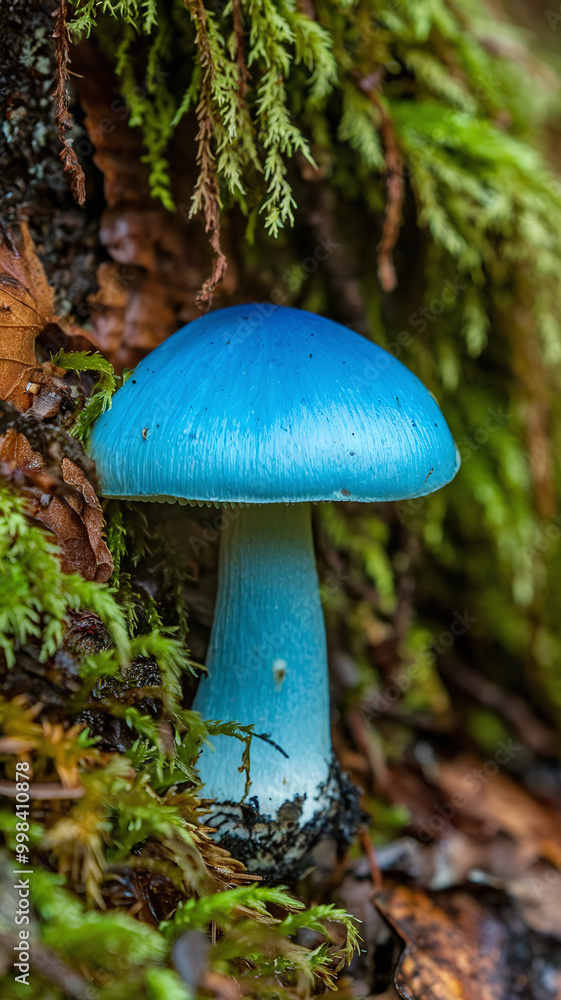Vibrant Blue Mushroom Amidst Green Moss in Lush Forest Undergrowth Vibrant Blue Mushroom Amidst Green Moss in Lush Forest Undergrowth