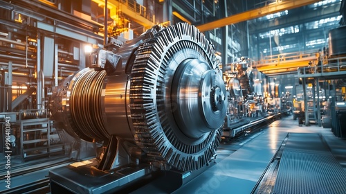 A close-up view of a large turbine in a modern industrial facility during daylight hours showcasing advanced machinery and technology