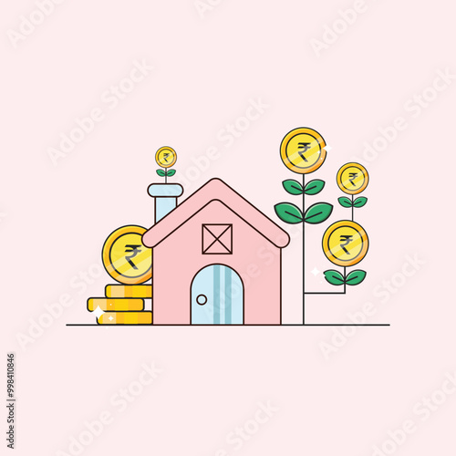 Money investment in real estate. Focus on houses and properties. Utilizing the Indian rupee for transactions. Illustrating financial growth opportunities