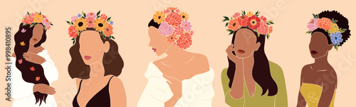 Set of abstract illustrations featuring faceless portraits of women with wildflowers. Girls with field flowers. Minimalist design, feminine silhouettes and floral elements.