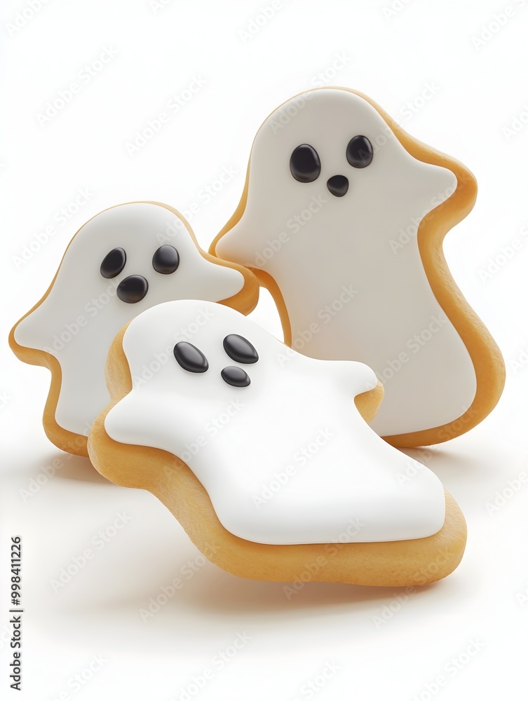 Minimalistic Closeup of Homemade Halloween Ghost Cookies on Solid White Background Minimalistic Closeup of Homemade Halloween Ghost Cookies on Solid White Background