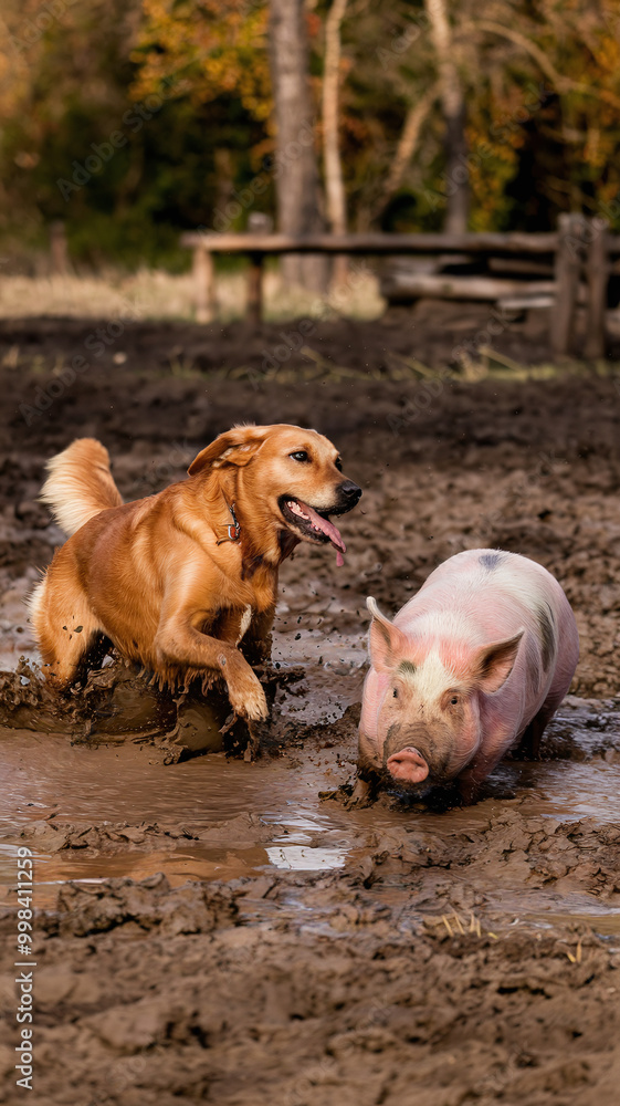 Fototapeta premium Golden Retriever and Piglet Enjoying Muddy Playtime in Rustic Autumn Forest