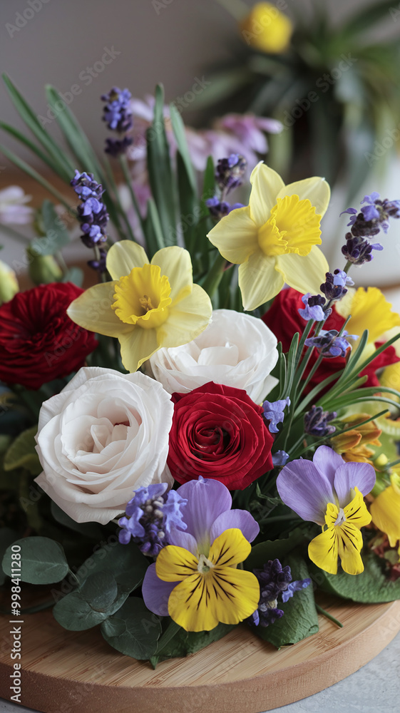 Vibrant Floral Arrangement with Daffodils Roses and Pansies in a Wooden Display Vibrant Floral Arrangement with Daffodils Roses and Pansies in a Wooden Display
