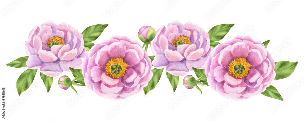 Peony pink flower composition banner. Floral print buds and green leaves. Hand drawn watercolor illustration isolated background. For printing postcards, invitations, textile, clothes, greeting cards Peony pink flower composition banner. Floral print buds and green leaves. Hand drawn watercolor illustration isolated background. For printing postcards, invitations, textile, clothes, greeting cards