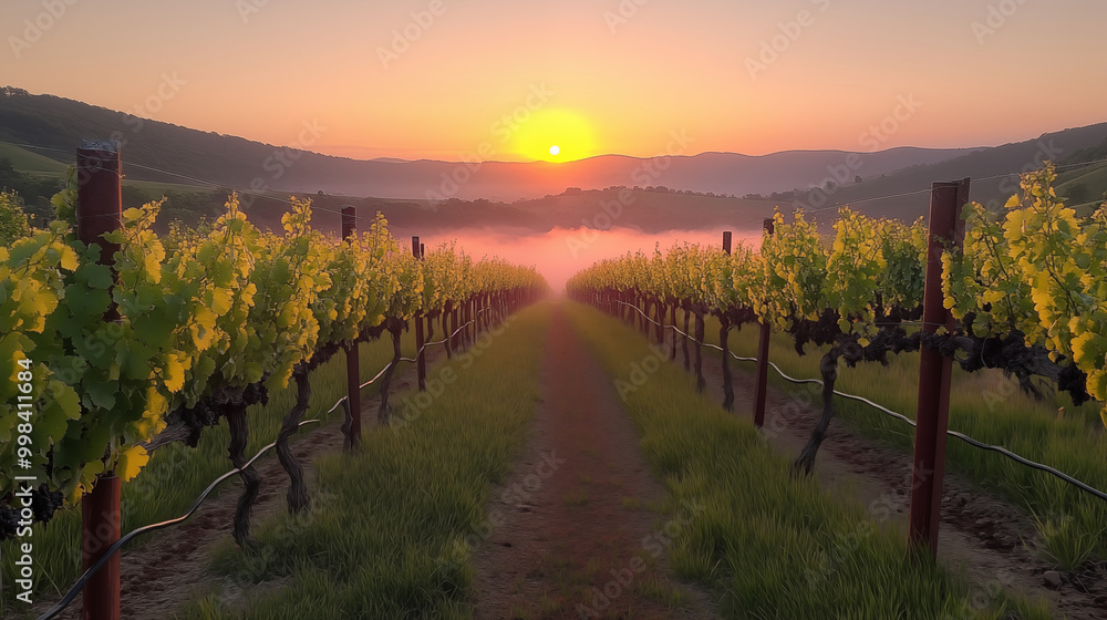 Naklejka premium Scenic vineyard rows at sunset with misty mountains in background
