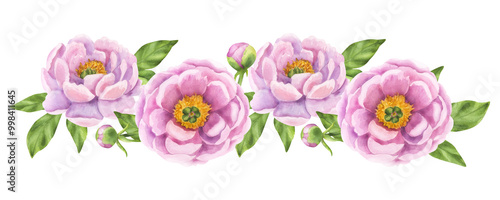 Peony pink flower composition banner. Floral print buds and green leaves. Hand drawn watercolor illustration isolated background. For printing postcards, invitations, textile, clothes, greeting cards