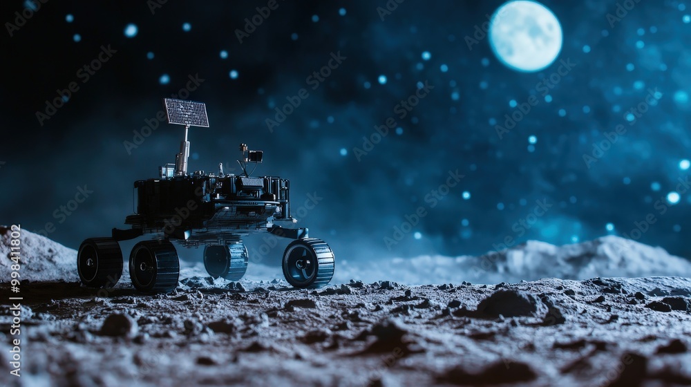 The moon robot, with its advanced mobility and sensing systems, explores the cratered landscape.
