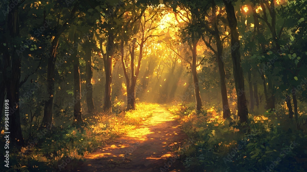 Obraz premium Sunlight beams through a dense forest, illuminating a path ahead.