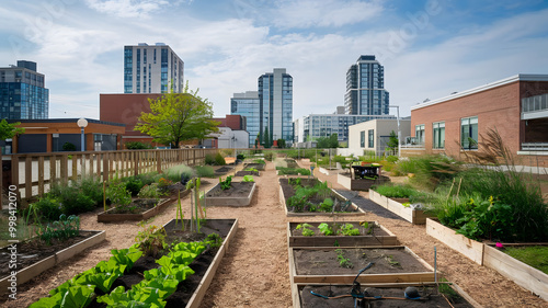 A row of community gardens in an urban setting, symbolizing local food initiatives and sustainability. (indicates World Food Day).
