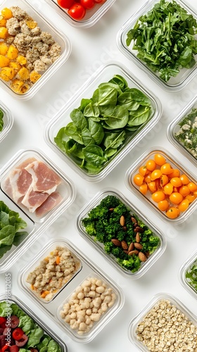 Organized Healthy Meal Prep Containers with Variety of Nutritious Ingredients on Plain White Tabletop