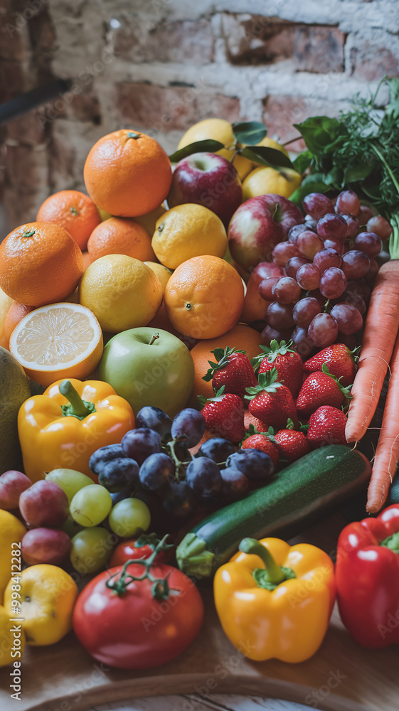Vibrant Fresh Fruits and Vegetables Against Rustic Brick Wall Background Vibrant Fresh Fruits and Vegetables Against Rustic Brick Wall Background