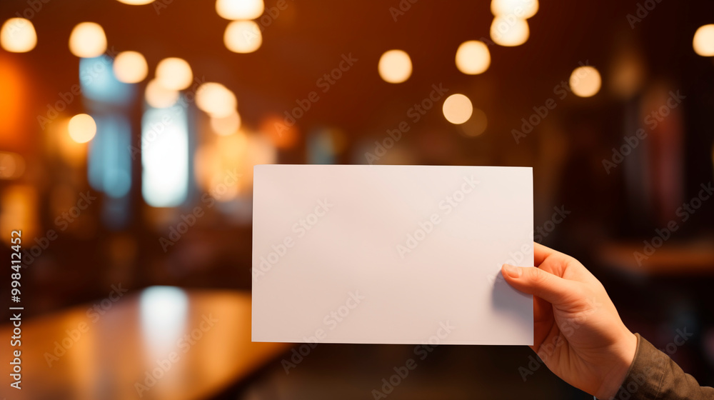 Hand holding blank card mockup against blurred bokeh cafe, ai generated Hand holding blank card mockup against blurred bokeh cafe, ai generated