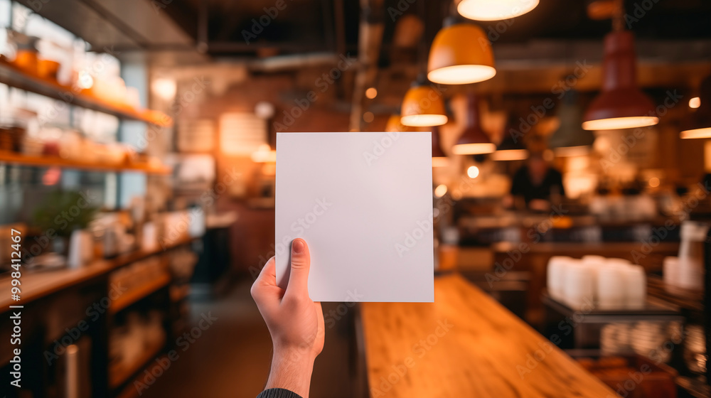 Hand holding blank white card mockup in warm cozy cafe counter blurred, ai generated Hand holding blank white card mockup in warm cozy cafe counter blurred, ai generated