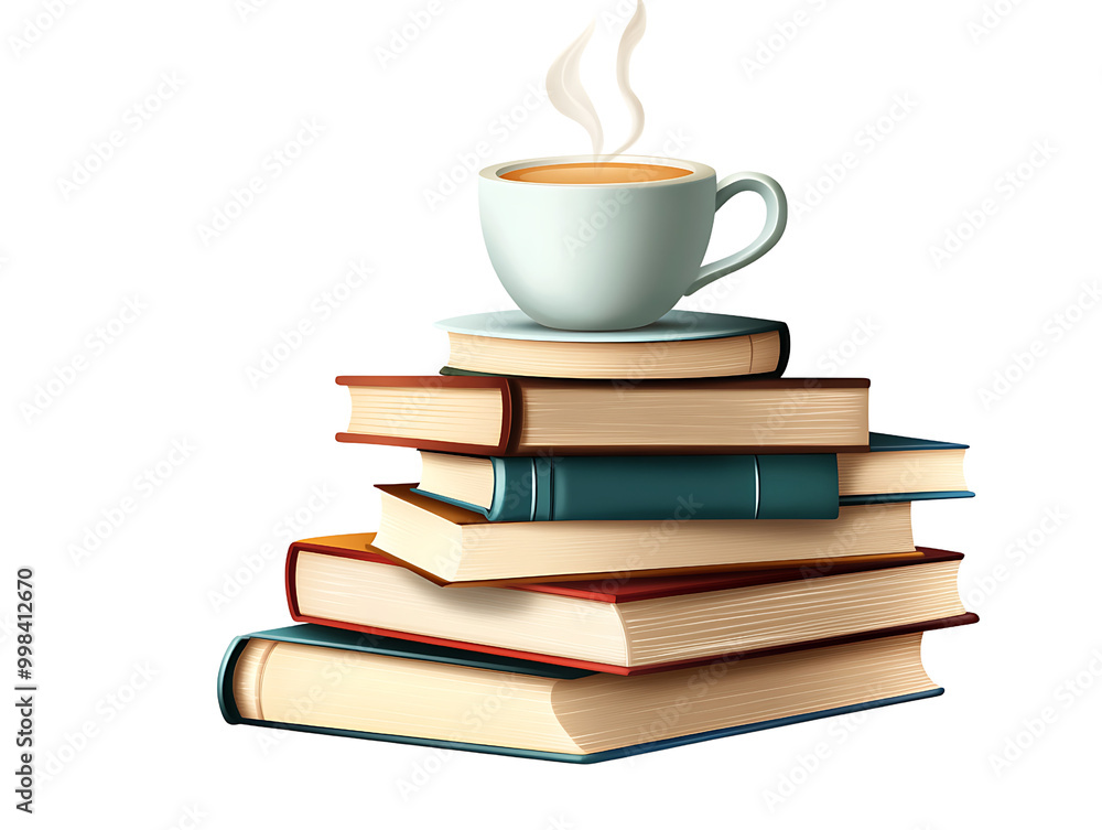 Naklejka premium Stack of books with a steaming cup of coffee on top, Transparent background.