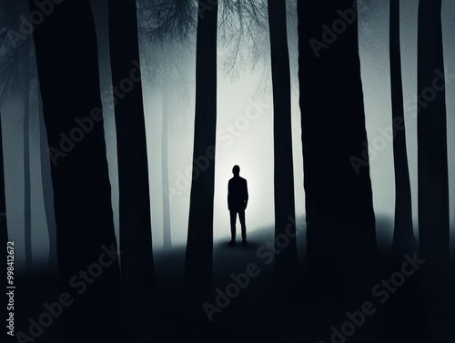 A lone figure stands in a dark, foggy forest surrounded by tall trees, creating a mysterious and eerie atmosphere.