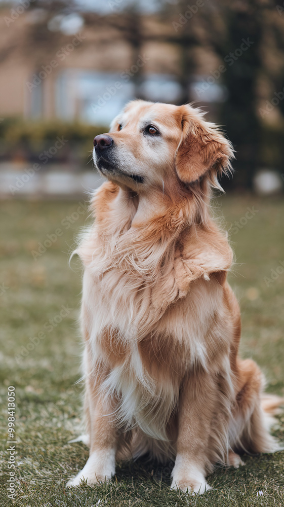 Majestic Golden Retriever Sitting in Lush Green Garden with Soft Focus Background Majestic Golden Retriever Sitting in Lush Green Garden with Soft Focus Background