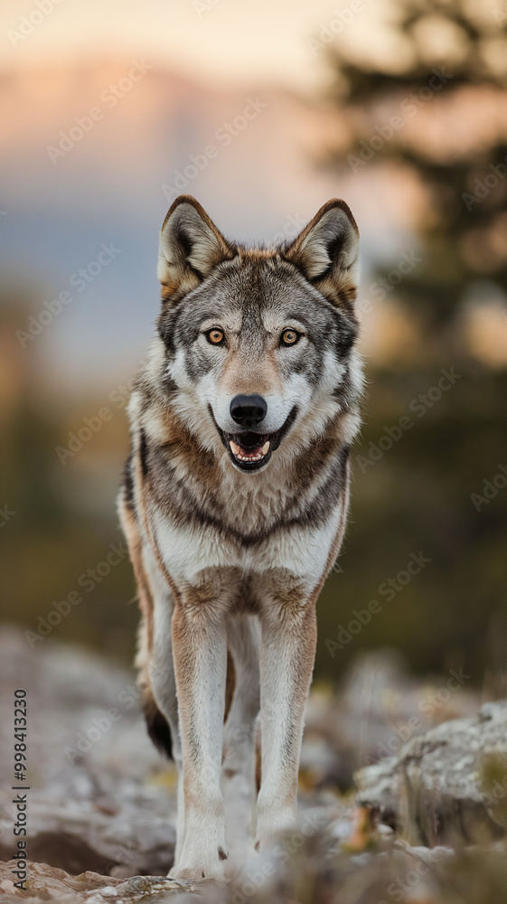 Fototapeta premium Majestic Gray Wolf in Natural Habitat during Golden Hour Sunset