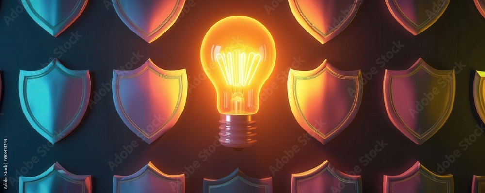 A glowing bulb surrounded by shield-like structures A glowing bulb surrounded by shield-like structures