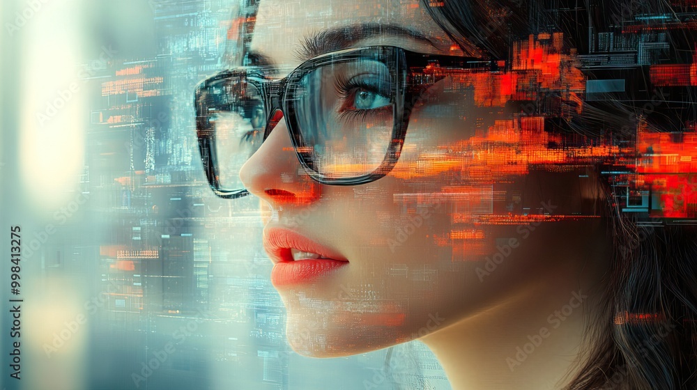 A modern art poster collage features a woman surrounded by technology items, symbolizing digital overload. A modern art poster collage features a woman surrounded by technology items, symbolizing digital overload.