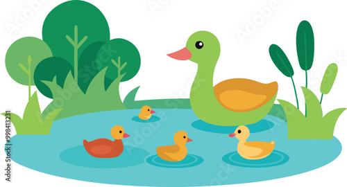 Feeding Ducks Family in a Peaceful Pond Vector Drawing 