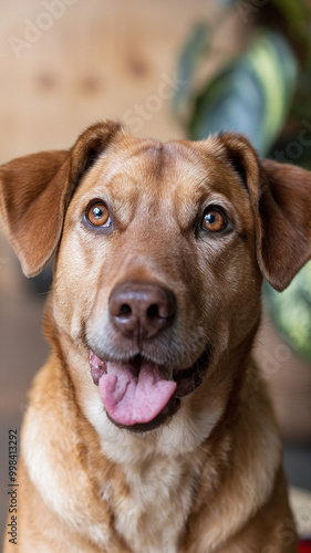  Happy Brown Dog with Tongue Out in Cozy Indoor Setting