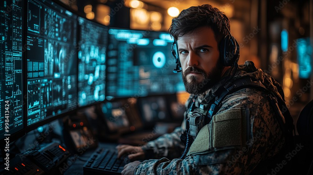 A focused individual in tactical gear works at a high-tech computer station, surrounded by screens displaying data and digital information. A focused individual in tactical gear works at a high-tech computer station, surrounded by screens displaying data and digital information.