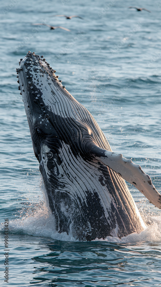 Fototapeta premium Majestic Humpback Whale Breaching in Sunlit Ocean with Seagulls in the Sky
