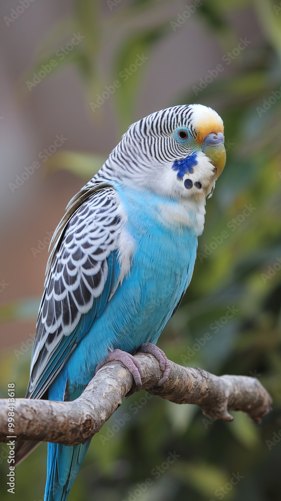 Obraz premium Vibrant Blue Parakeet Perched on Branch Against Natural Green Background