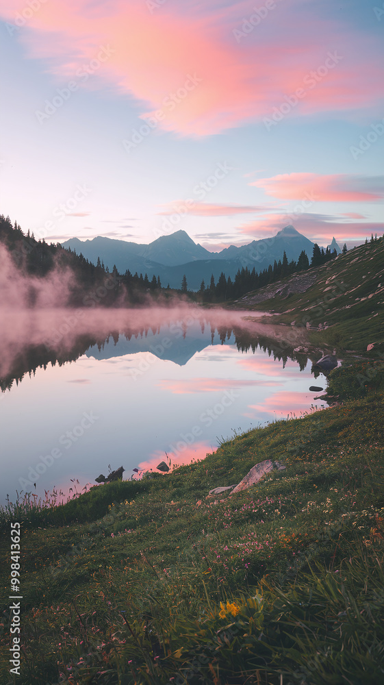 Fototapeta premium Tranquil Mountain Lake at Sunrise with Pink Clouds and Misty Reflections