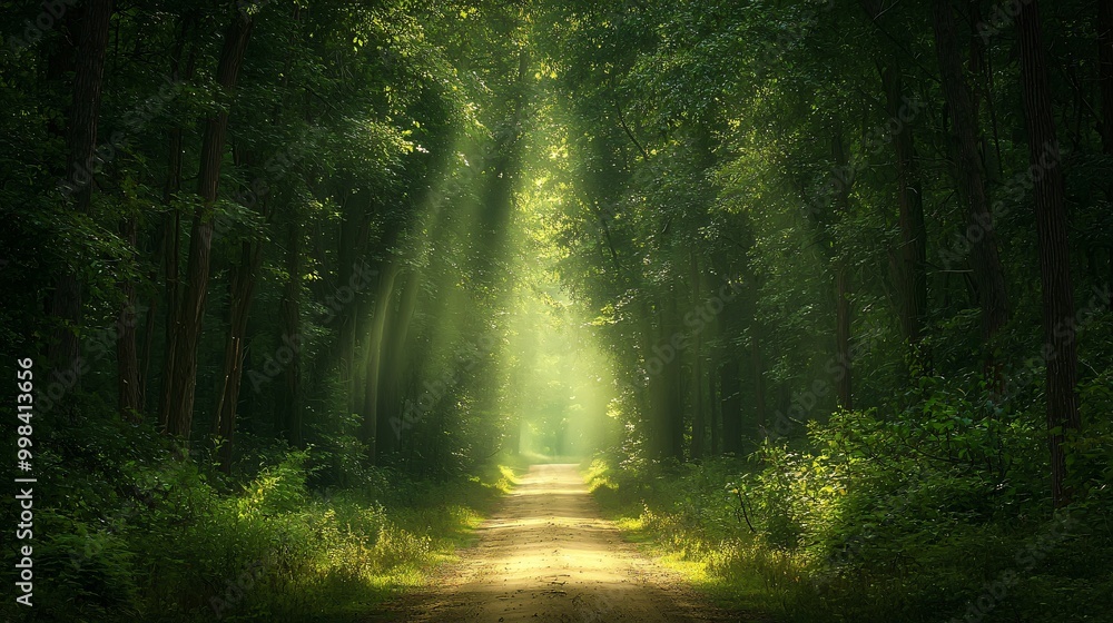 Obraz premium Sunlight beams through the trees on a path in a dense forest.