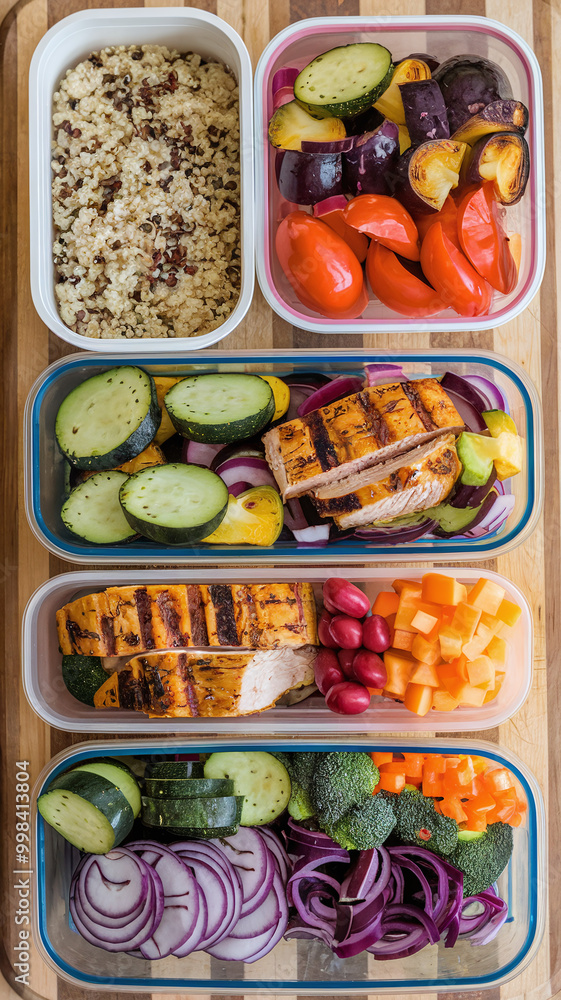 Healthy Meal Prep Containers with Grilled Chicken and Fresh Vegetables on Wooden Table Healthy Meal Prep Containers with Grilled Chicken and Fresh Vegetables on Wooden Table