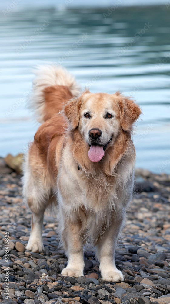 Golden Retriever with Tongue Out Standing on Rocky Lakeside Shore Golden Retriever with Tongue Out Standing on Rocky Lakeside Shore