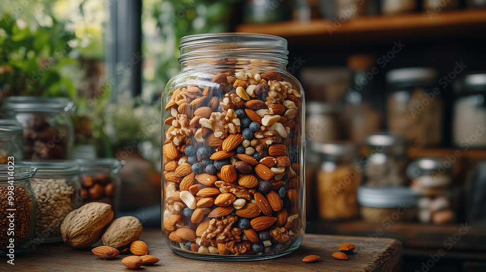A glass jar filled with assorted nuts, showcasing a rustic kitchen setting with shelves of jars in the background. A glass jar filled with assorted nuts, showcasing a rustic kitchen setting with shelves of jars in the background.