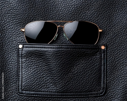 Black leather jacket pocket with aviator sunglasses peeking out, biker style photo