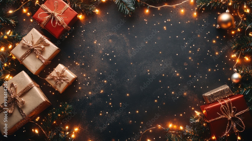 Christmas presents with gold ribbons and festive lights on dark background Christmas presents with gold ribbons and festive lights on dark background